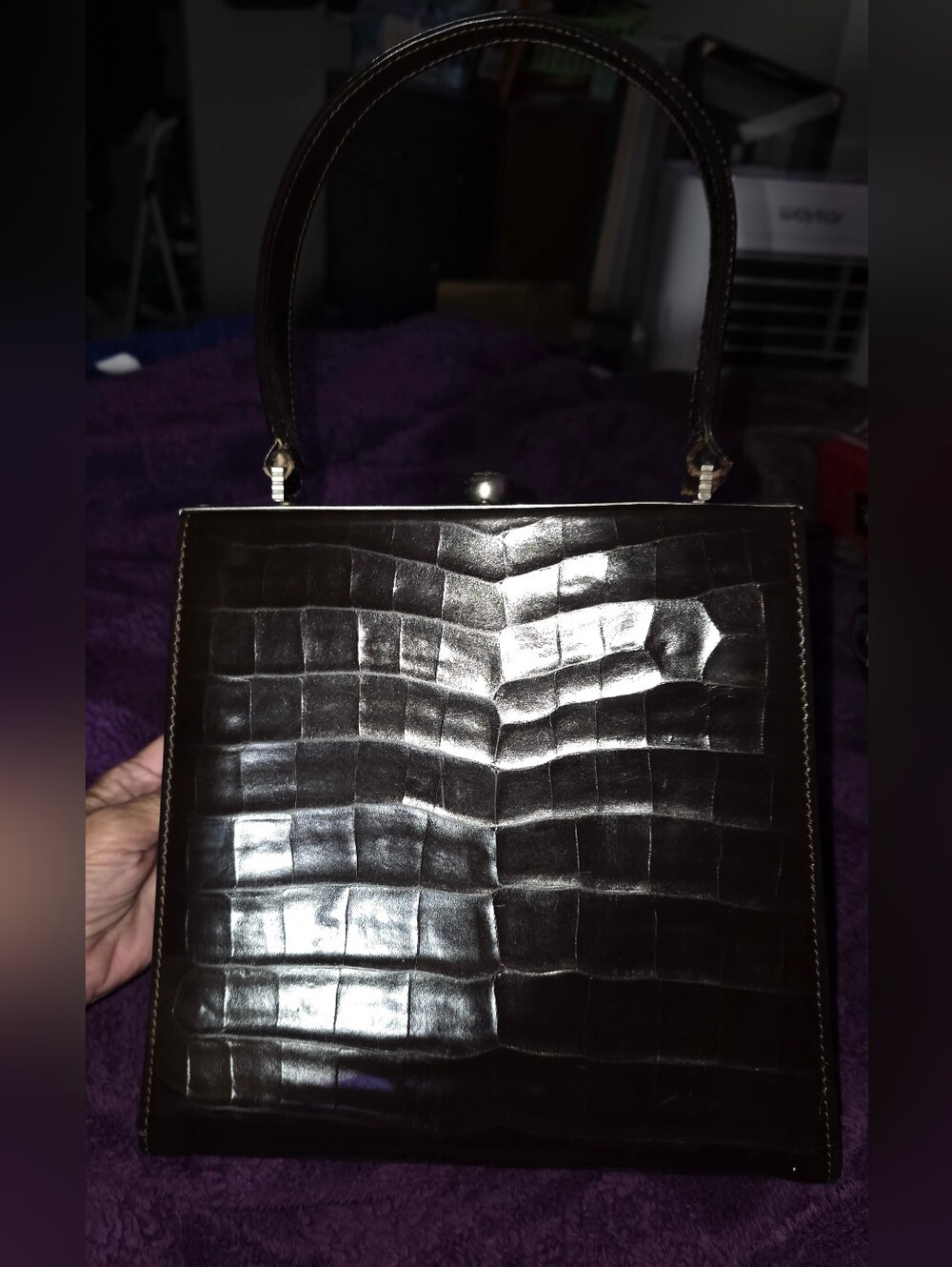 Vintage Versace Classic Brown Croc-Embossed Top-Handle Bag